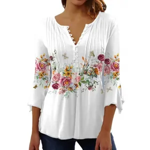 Elegant women's white V-neck floral print pleated blouse with stylish button details