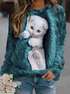 Sweatshirt col rond bleu sarcelle avec imprimé chaton blanc 3D réaliste