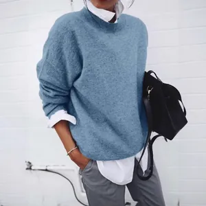 Jersey de mujer azul de efecto dos piezas con cuello de camisa blanco y manga larga