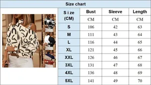 Tabla de tallas para top de manga larga estampado con detalle de cadena en cuello.