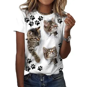 Women's casual white crewneck T-shirt featuring a 3D cat print and paw patterns
