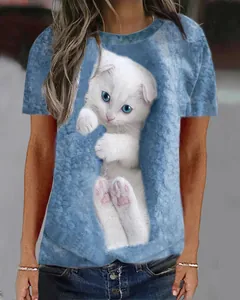 T-shirt bleu à manches courtes pour femmes avec motif de chaton blanc 3D réaliste