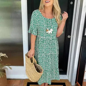Stylish green polka dot round neck short sleeve dress for women