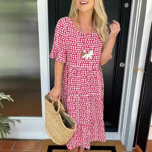 Fashionable women's red and white polka dot summer midi dress with ruffle sleeves and tiered skirt