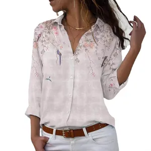 Elegante blusa holgada para mujer con estampado de flores y pájaros, manga larga, blanco
