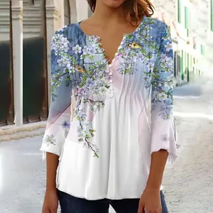 Elegant women's floral print V-neck pleated top with button detail and bell sleeves