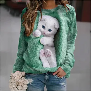 Sweat-shirt à manches longues pour femmes avec imprimé chat 3D réaliste en vert