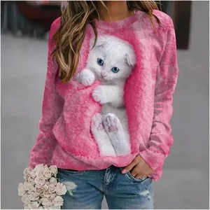 Sweat-shirt rose pour femme à manches longues avec imprimé chaton blanc 3D style décontracté