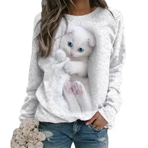 Sweat-shirt blanc à manches longues et col rond avec motif graphique de chat blanc mignon