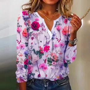 Damen Langarm T-Shirt mit V-Ausschnitt, lebhaftem Blumendruck und weißer Leiste