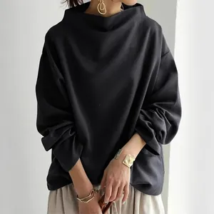 Stylish women's loose casual black top with high neck and long sleeves for autumn style