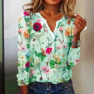 Damen Sommer Langarm T-Shirt mit V-Ausschnitt und lebhaftem floralem Blumenmuster