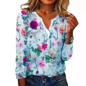 Elegantes Damen T-Shirt mit Blumenmuster und V-Ausschnitt, langärmliges Sommeroberteil.