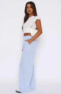 Light blue and white striped wide-leg pants for women with high waist casual style