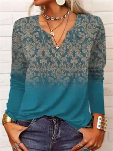 T-shirt élégant à col en V et manches longues pour femme avec motif floral bleu et beige