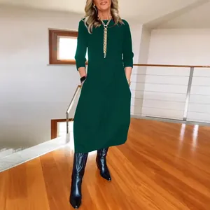 Elegant dark green solid color loose round neck long sleeve midi dress for women