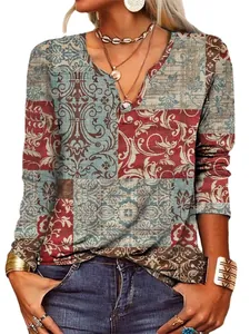 T-shirt femme à manches longues col en V et imprimé floral patchwork, haut bohème décontracté