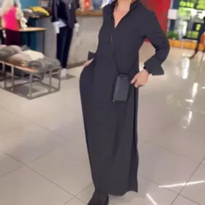 Vestido largo elegante negro con cuello en V y manga larga para mujer