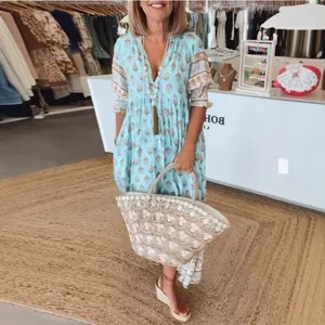 Boho μάξι φόρεμα με V-λαιμόκοψη, φλοράλ τύπωμα, φουσκωτά μανίκια και ψηλή μέση σχέδιο