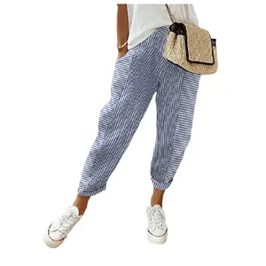 Women's blue and white woven jacquard striped loose casual pants for summer outfits