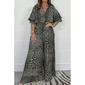 Elegant leopard print wide leg jumpsuit with V-neck and ruffled sleeves for summer fashion