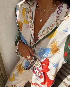 Ensemble chemise et pantalon en lin imprimé avec motifs mystiques de soleil et lune
