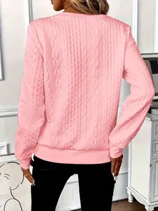 Back view of a pink women's textured cable-knit pullover sweatshirt in high quality