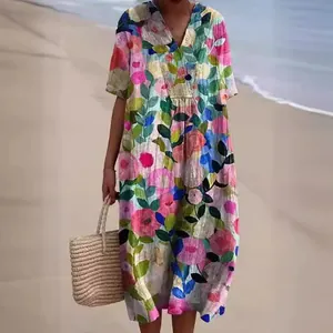 Robe longue bohème à imprimé floral coloré, col en V et coupe décontractée pour la plage