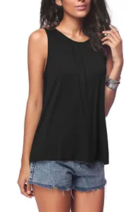 Detail of a casual black round neck sleeveless tank top for women in summer style