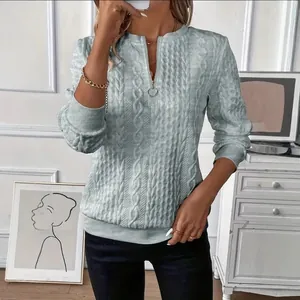 Women's casual zip-up sweatshirt with a textured cable knit design in light blue