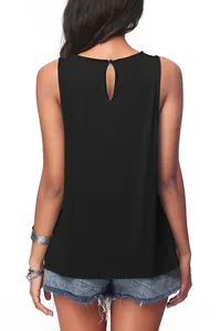 Back view of a casual black sleeveless top with keyhole button detail for women.