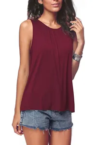 Detailed view of women's burgundy sleeveless tank top with pleated round neck design
