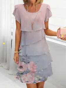 Elegant light blue and pink floral print chiffon tiered dress with short sleeves for spring
