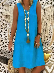Casual summer sleeveless blue V-neck tank dress featuring a relaxed linen-like texture