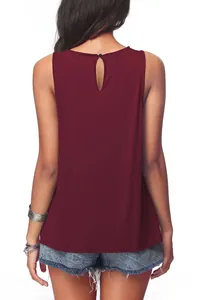 Back view of a casual burgundy round neck sleeveless tank top with keyhole detail