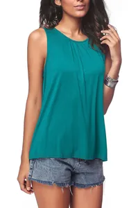 Detailed view of a women's casual teal round neck sleeveless pleated tank top