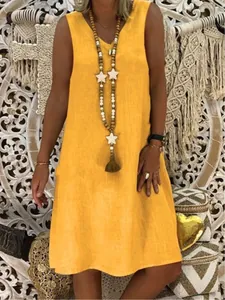 V-neck sleeveless yellow summer midi dress with a relaxed A-line fit for women