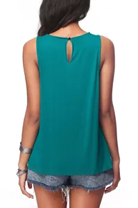 Casual women's sleeveless teal tank top featuring a stylish keyhole back with button