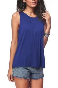 Royal blue crew neck sleeveless tank top with draped fabric detail.