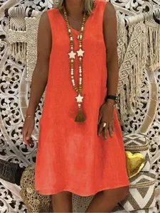 Vibrant bright orange V-neck sleeveless tank dress for women in casual bohemian style