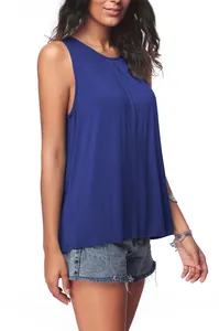 Close-up detail of a casual royal blue sleeveless tank top with pleated round neckline