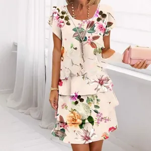 Women's Elegant 3D Floral Print Chiffon Dress Casual Round Neck Short Sleeve Tiered Ruffle Layered Cake Midi Dress For Summer Party