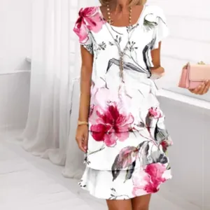 White chiffon short sleeve round neck dress with large pink 3D floral print for spring