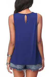 Back view of casual navy blue sleeveless tank top with teardrop button detail.