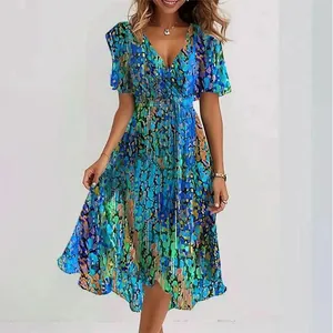 Women Casual V Neck Floral Printed Midi Dress Polyester Short Sleeve A-Line Vacation Dress Elegant Streetwear Summer Sundress