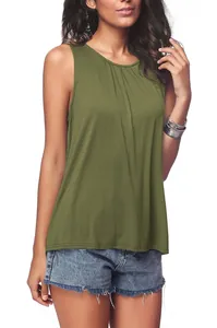 Close-up of olive green sleeveless tank top with pleated round neckline