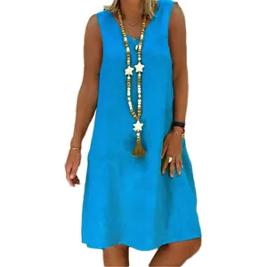 Casual sleeveless blue V-neck midi dress for women made of breathable linen-style fabric