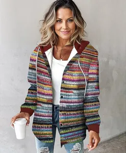 Women's casual colorful horizontal striped hooded jacket with button closure and drawstring.