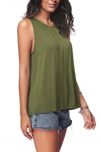 Detail view of women's olive green sleeveless tank top with pleated round neck design