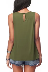 Back view of casual olive green sleeveless tank top featuring a keyhole and button detail